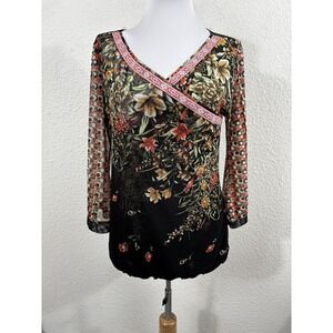 ANAC by‎ Kimi Blouse Womens Medium Black Floral Sheer 3/4 Sleeve Top Boho Y2K
